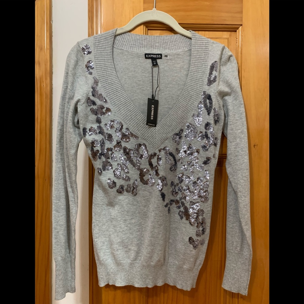 NWT! Express Gray Leopard Sequin Sweater size XS